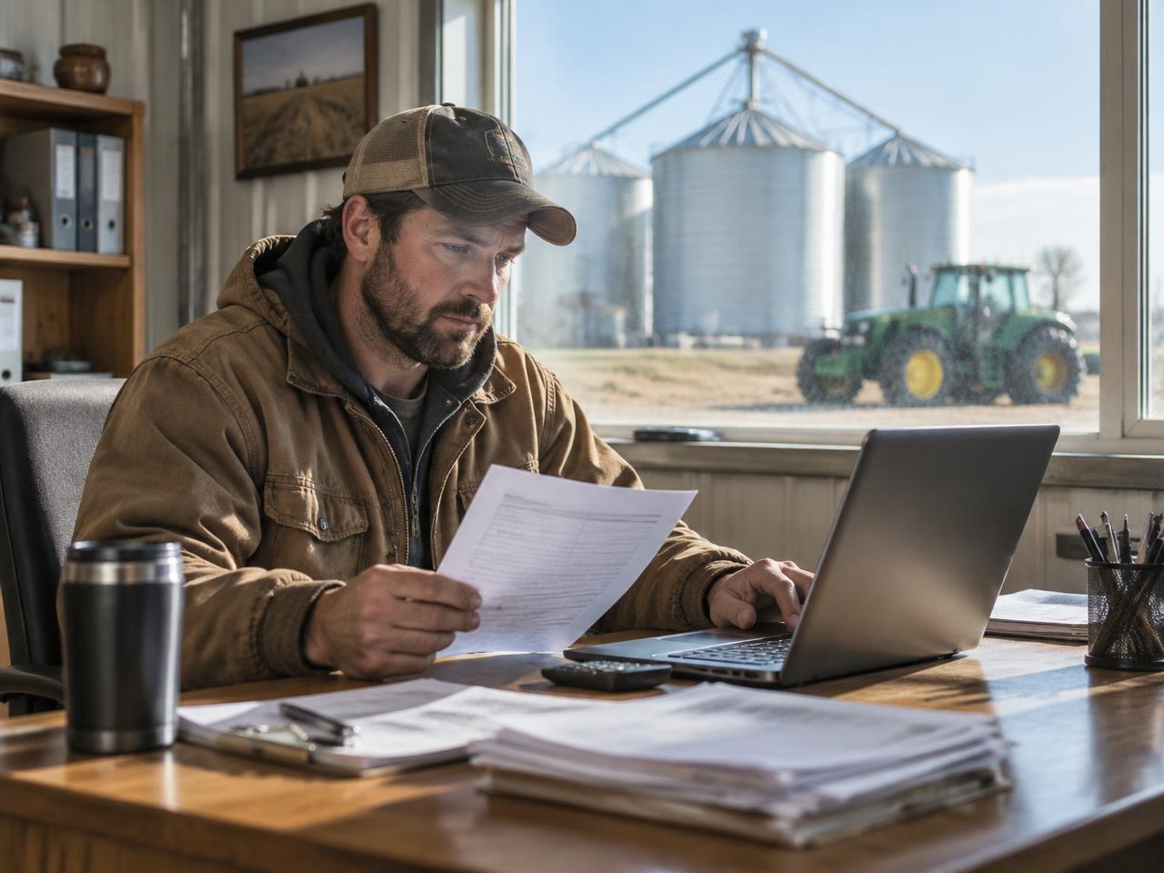 A farmer reviewing a supplier invoice at his office desk